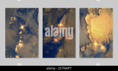 Set di marmo con sfondi oro e blu scuro con texture. Modello Geode con glitter. Sfondi vettoriali astratti nella tecnica dell'inchiostro ad alcool dell'arte fluida. Vernice moderna con scintille per striscioni e poster. Set di marmo con sfondi oro e blu scuro con texture Illustrazione Vettoriale