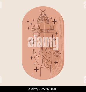 Illustrazione vettoriale di loghi mistici ed esoterici in uno stile lineart minimale e alla moda. Emblemi vettoriali in stile boho: Stelle, chiave, mano e falena. Illustrazione Vettoriale