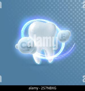 Denti 3d realistici con particelle di calcio e fluoro isolate su sfondo trasparente. Illustrazione odontoiatrica vettoriale. Concetto medico o sanitario. Protezione dei denti. Elemento di design per dentifricio. Denti 3d realistici Illustrazione Vettoriale