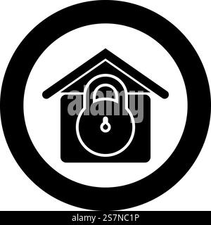 Protezione per la casa con lucchetto con serratura icona di sicurezza per la difesa di sicurezza in cerchio di colore nero immagine vettoriale contorno solido semplice. Protezione della casa con lucchetto con serratura icona di sicurezza di difesa in cerchio di colore nero immagine vettoriale stile solido Illustrazione Vettoriale