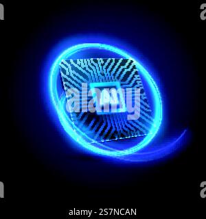 Concetto di intelligenza artificiale. Illustrazione della tecnologia Vector 3d di microchip con schema della scheda a circuito stampato e percorso luminoso al neon. Design del processore AI. Apprendimento automatico o progettazione di icone di reti neurali. Concetto di intelligenza artificiale. Illustrazione Vettoriale