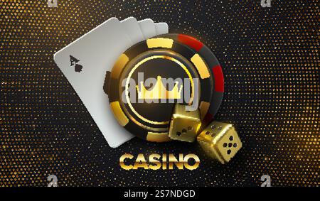 Casinò che canta carte da gioco e patatine da gioco con corona dorata e dadi su sfondo nero con scintillanti scintillanti Illustrazione Vettoriale