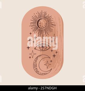 Illustrazione vettoriale di loghi mistici ed esoterici in uno stile lineart minimale e alla moda. Emblemi vettoriali in stile boho: Sole, luna e occhio. Illustrazione Vettoriale