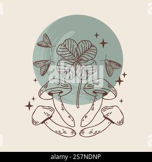 Illustrazione vettoriale di loghi mistici ed esoterici in uno stile lineart minimale e alla moda. Emblemi vettoriali in stile boho - funghi, trifoglio e falena. Illustrazione Vettoriale