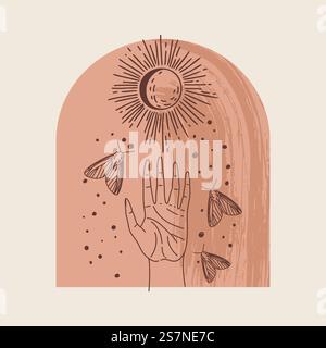 Illustrazione vettoriale di loghi mistici ed esoterici in uno stile lineart minimale e alla moda. Emblemi vettoriali in stile boho: Sole, falena e mano Illustrazione Vettoriale