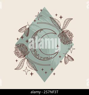 Illustrazione vettoriale di loghi mistici ed esoterici in uno stile lineart minimale e alla moda. Emblemi vettoriali in stile boho: Luna, trifoglio e falena. Illustrazione Vettoriale