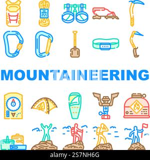 strumento alpinismo icone sportive set vettoriale. arrampicata avventurosa, equipaggiamento estremo, attività per scalatori, escursionismo alpinismo, attrezzatura da alpinismo su corda, illustrazioni delle linee colorate. strumento alpinismo icone sportive set vettoriale Illustrazione Vettoriale