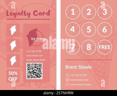 Carta fedeltà gelato con numeri e percentuali di sconto per i clienti. Codice QR per controllare informazioni e dettagli della promozione. Numero di telefono, sito Web e posizione del punto vendita. Vettore in piano . Carta fedeltà con sconto del 50% sul prezzo Illustrazione Vettoriale