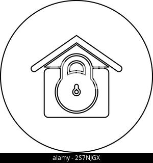 Protezione per la casa con lucchetto con serratura icona di sicurezza per la difesa di sicurezza in cerchio di colore nero, illustrazione vettoriale immagine contorno linea sottile semplice. Protezione della casa con lucchetto di sicurezza icona di sicurezza della difesa in colore nero circolare illustrazione vettoriale immagine contorno linea sottile Illustrazione Vettoriale
