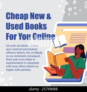 Libri usati e nuove pubblicazioni economiche da leggere online. Romanzi elettronici, volumi stampati e pubblicati. Varietà e assortimento in biblioteca. Vettore per banner promozionale in un'illustrazione piatta. Libri nuovi e usati a buon mercato per te vettoriale online Illustrazione Vettoriale