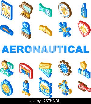 le icone aeronautiche degli ingegneri aeronautici impostano il vettore. aeroplano, aerospaziale, aeroporto di aeroplani, manutenzione del motore, pilota di controllo ingegnere aeronautico, illustrazioni dei segni isometrici dell'aviazione. le icone aeronautiche degli ingegneri aeronautici impostano il vettore Illustrazione Vettoriale