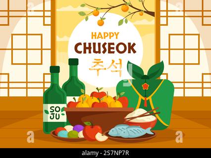 Happy Chuseok Day illustrazione vettoriale dell'evento coreano del Ringraziamento con Festival del raccolto festeggia la notte d'autunno modelli disegnati a mano Illustrazione Vettoriale