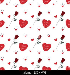 Saint Valentines Seamless Pattern of Hearts and Roses Illustrazione Vettoriale