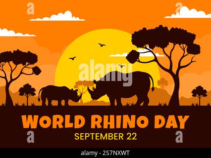 Illustrazione vettoriale della giornata Mondiale del Rhino il 22 settembre per amanti e difensori di Rhinos o protezione degli animali in modelli disegnati a mano con cartone animato piatto Illustrazione Vettoriale