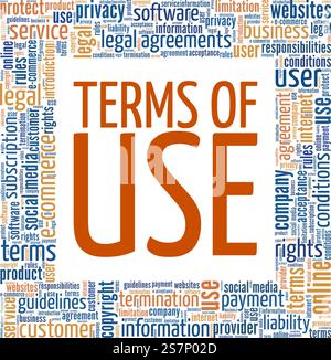 TOU - condizioni d'uso illustrazione vettoriale concettuale Word cloud isolato su sfondo bianco. Illustrazione Vettoriale