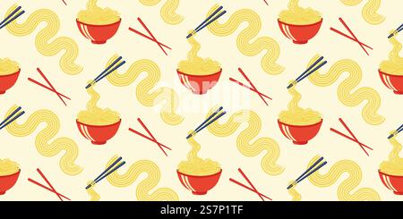 Schema di tagliatelle e bastoncini ciotola. Motivo senza cuciture di tagliatelle di ramen con bacchette che sollevano tagliatelle dalla ciotola rossa. Per carta da parati, tessuto, involucri Illustrazione Vettoriale