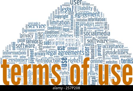 TOU - condizioni d'uso illustrazione vettoriale concettuale Word cloud isolato su sfondo bianco. Illustrazione Vettoriale