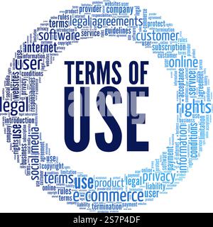 TOU - condizioni d'uso illustrazione vettoriale concettuale Word cloud isolato su sfondo bianco. Illustrazione Vettoriale