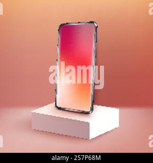 Smartphone realistico sul podio quadrato. telefono cellulare 3d con mockup con schermo gradiente. Modello moderno per telefoni cellulari. Smartphone realistico sul podio quadrato. telefono cellulare 3d con mockup con schermo gradiente. Telefono cellulare moderno Illustrazione Vettoriale