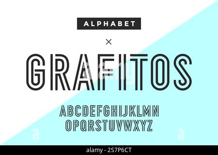Alfabeto e font condensati. Lettere maiuscole a doppia riga. Tipo, carattere tipografico della linea di lettere. Moderno carattere a righe strette disegnato a mano per il titolo. Illustrazione vettoriale. Alfabeto e font condensati Illustrazione Vettoriale