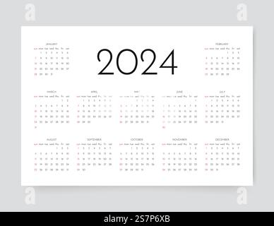 2024 anni 'alendar. Layout calendario. La settimana inizia domenica. Modello di desk planner con 12 mesi. Calendario per l'anno 2024. Illustrazione vettoriale. Pianificatore anno modello con 12 mesi. Illustrazione Vettoriale