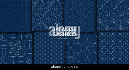 Collezione vettoriale con motivo senza cuciture giapponese sashiko, carta da parati decorativa. Illustrazione Vettoriale
