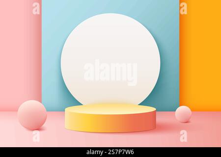 Realistico 3D realistico podio rotondo e sfere rosa. Scenografia minima per la presentazione del prodotto. Concetto di cerimonia di premiazione. Scena astratta con podio cilindrico. Realistico 3D realistico podio rotondo e sfere rosa. Scenografia minima per la presentazione del prodotto. Concetto di cerimonia di premiazione Illustrazione Vettoriale