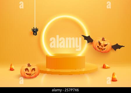 Sfondo arancione Halloween con zucche, ragno, caramelle e luci. La zucca vola intorno alla piattaforma. Scenografia di progettazione 3d realistica, studio rotondo, luci. Sfondo arancione Halloween con zucche, ragno, caramelle e luci. La zucca vola intorno alla piattaforma. Scenografia di progettazione 3d realistica sul podio, studio rotondo Illustrazione Vettoriale