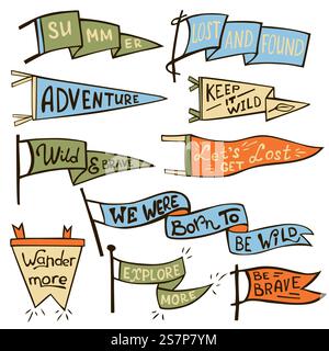 Avventura all'aperto, campeggio colorato con pennant. Etichette monocromatiche vettoriali retrò. Stile vagabondo disegnato a mano. Design delle bandiere da viaggio del pennant. Avventura all'aperto, campeggio colorato con pennant. Etichette monocromatiche retrò. Stile vagabondo disegnato a mano. Design delle bandiere da viaggio del pennant Illustrazione Vettoriale