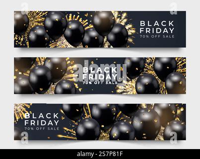 Tre poster di vendita orizzontale del Black Friday con palloncini realistici, fuochi d'artificio e coriandoli su sfondo nero. Etichetta di vendita vettoriale del Black Friday. Elemento di design per banner, volantini, schede. Tre poster di vendita orizzontale del Black Friday con palloncini realistici, fuochi d'artificio e coriandoli su sfondo nero. Etichetta di vendita del Black Friday. Elemento di design per banner, volantini, schede Illustrazione Vettoriale
