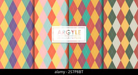 Set di motivi Argyle senza cuciture, carta da parati decorativa. Illustrazione Vettoriale
