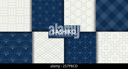 Collezione vettoriale con motivo senza cuciture giapponese sashiko, carta da parati decorativa. Illustrazione Vettoriale