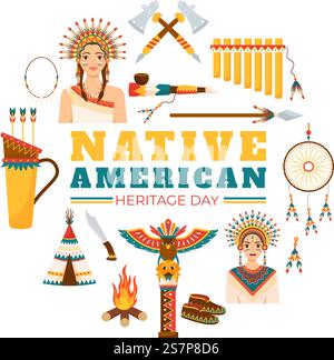 Illustrazione vettoriale della giornata del patrimonio nativo americano con Celebrate America Indian Culture Annual in United States to Contributions background Illustrazione Vettoriale