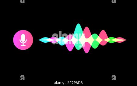 Messaggio vocale, interfaccia chat audio e bolla di riproduzione della registrazione, riproduzione di messaggi vettoriali. Icona del microfono del messaggio vocale con onda sonora o registrazione dell'onda sonora del pulsante di messaggistica del telefono cellulare Illustrazione Vettoriale