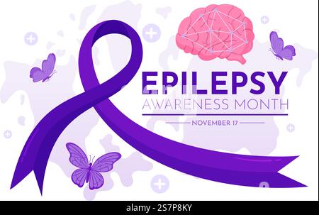 Epilessia consapevolezza mese Vector illustrazione è osservata ogni anno a novembre con cervello e salute mentale in Cartoon piatto sfondo viola Illustrazione Vettoriale