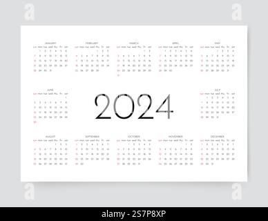 Calendario per l'anno 2024. Organizzatore annuale del calendario. La settimana inizia domenica. Modello di griglia con 12 mesi.. Calendario 2023. Illustrazione vettoriale. Modello calendario con 12 mesi. Illustrazione Vettoriale