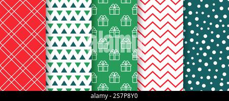 Fantasie perfette per il Natale. Texture natalizie. Stampe di rosso verde Noel. Natale, Capodanno... Sfondi perfetti per il Natale. Motivi natalizi. Illustrazione vettoriale. Illustrazione Vettoriale