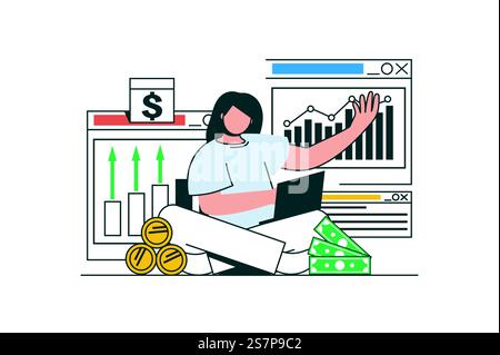 Il budget finanziario delinea il concetto web con la scena del personaggio. La donna calcola e pianifica la finanza personale. Situazione delle persone nel design a linee piatte. Illustrazione vettoriale per il materiale di marketing sui social media. Illustrazione Vettoriale