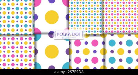 Set colorato con motivo a pois senza cuciture, sfondo astratto, carta da parati decorativa. Illustrazione Vettoriale