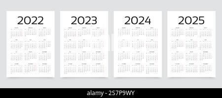 2023, 2024, 2025 anni di calendario. La settimana inizia lunedì. Disposizione semplice del calendario. Modello di desk planner. Calendario per 2023, 2024, 2025, 2022 anni. Pianificatore annuale modello. Illustrazione vettoriale. Illustrazione Vettoriale