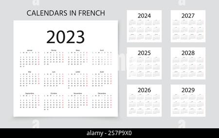 Calendari francesi per il 2023, 2024, 2025, 2026, 2027, 2028, 2029 anni. La settimana inizia lunedì. Vettore... 2023, 2024, 2025 Calendari francesi. Illustrazione vettoriale. Pianificatore anno modello. Illustrazione Vettoriale