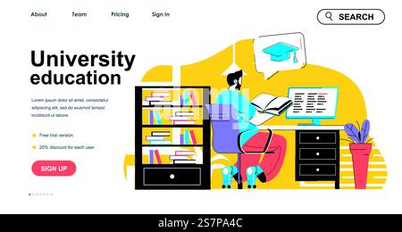 Concetto di formazione universitaria per il modello di landing page. L'uomo legge un libro, si prepara agli esami finali. Scena di diplomi e diplomi. Illustrazione vettoriale con design a caratteri piatti per banner Web Illustrazione Vettoriale