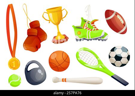 Le attrezzature sportive fissano elementi grafici in un design piatto. Pacchetto di , medaglia d'oro, guanti da pugile, coppa da campionato, sneakers, palla da baseball, racchetta da tennis e altro ancora. Oggetti isolati nell'illustrazione vettoriale Illustrazione Vettoriale