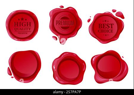 Set guarnizioni in cera elementi grafici con design piatto. Confezione di sigilli decorativi di forma rotonda rossa con spazio vuoto o iscrizioni, francobolli e francobolli per corrispondenza. Oggetti isolati nell'illustrazione vettoriale Illustrazione Vettoriale