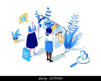 Concetto di shopping sostenibile scena web isometrica 3D. Persone che scelgono un negozio ecologico e acquistano abiti ecologici con tessuti riciclabili. Illustrazione vettoriale nella progettazione grafica isometrica Illustrazione Vettoriale