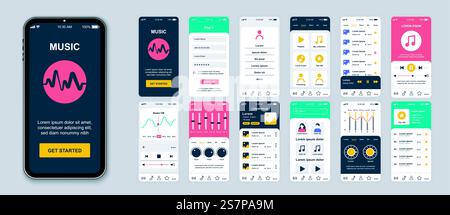 Schermate dell'app mobile Music impostate per i modelli Web. Pacchetto di account di accesso, playlist, lettore audio, equalizzatore, impostazioni, radio e altri modelli. UI, UX, kit interfaccia utente GUI per i layout. Progettazione vettoriale Illustrazione Vettoriale