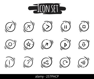 Set di pulsanti rotondi in bianco e nero con simboli, frecce, segni e forme. Semplici icone disegnate a mano Illustrazione Vettoriale