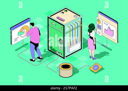 Concetto di data center nella progettazione isometrica 3D. Donna e uomo lavorano come amministratori tecnici, monitorando l'ottimizzazione di sistemi e infrastrutture. Illustrazione vettoriale con scene di persone isometriche per grafica Web Illustrazione Vettoriale
