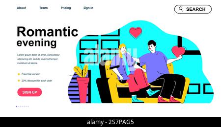 Il concetto di serata romantica per il modello di landing page. Un uomo e una donna amorevoli parlano seduti sul divano. Relazione di coppia, scena di persone di famiglia. Illustrazione vettoriale con design a caratteri piatti per banner Web Illustrazione Vettoriale