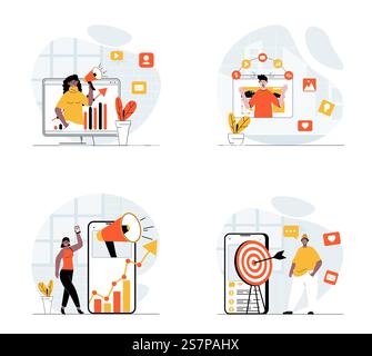 Concetto di marketing digitale con set di caratteri. Raccolta di scene le persone creano pubblicità virali e creative, promuovono il business, indirizzano il pubblico online. Illustrazioni vettoriali nella progettazione di nastri piatti Illustrazione Vettoriale